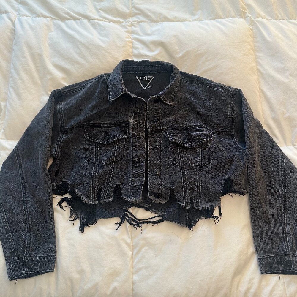 Cropped Black Ripped Denim Jacket